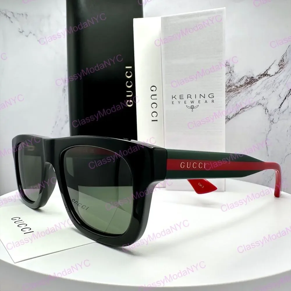 New GUCCI Sunglasses Mens 52mm Black Square Rectangle Aviator Red Green Web Arm